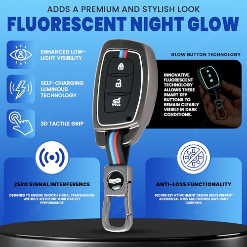 Image of Metal Silicon Key Cover Compatible with Hyundai Creta i10 Grand i20 Elite i20 Active Xcent Verna 4s, Tucson Elantra Grand i10 Nios 3 Button Smart Key Special Feature Visible in Low-Light