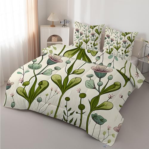 Boceoey Flores Edredón Cama 90 Planta - Edredón Reversible 4 Estaciones de Microfibra, Diseño Hoja Acuarela, Suave y Transpirable Relleno Nórdico 180x220 cm y 2 Fundas de Almohada 50x75 cm AX-572