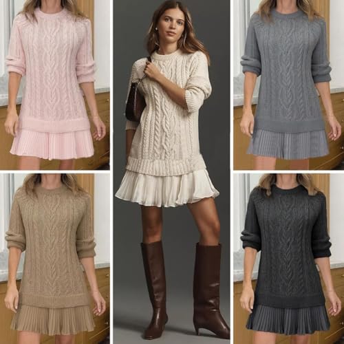 Women Crewneck Cable Knit Sweater Mini Dress, Cable Knit Sweater Dress with Pleated Skirt, Twofer Style Pullovers2