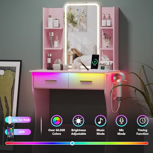 Image of HUANLEGO Small Pink Vanity Desk with Mirror and Lights for Women Girls | Vanity Mirror with Lights, 3 Lighting Adjustable, LED Light Strips, Built-in Power Outlet, Compact Dressing Table For Girls