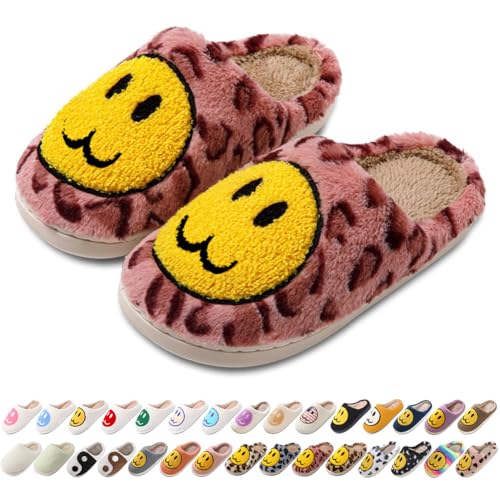 Image of AIMINUO Women's Men's Retro Preppy Happy Face Slippers Comfy Warm Plush Slip-On House Slipper for Winter Indoor Soft Cushion Non-slip Fluffy Slides Slippers