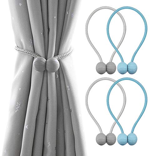 Chingde Amarres de Cortina magnética, 4 Piezas Tiebacks de Cortinas Soporte de Hebilla de Cortina Corbatas de Cortina Clips de Cortina de Cuerda Retenciones de Cuerda (Azul, Gris)