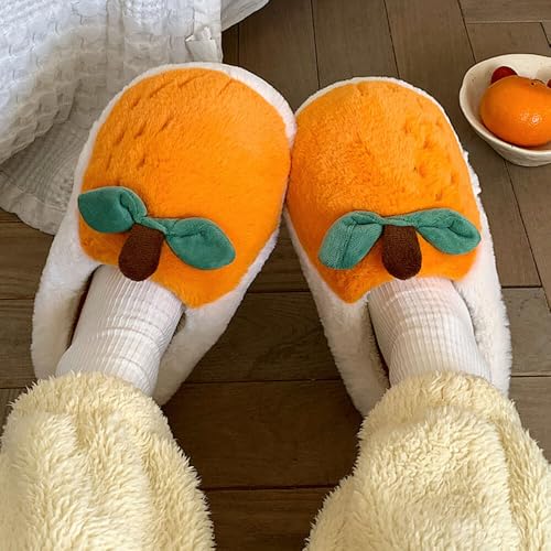 JadeRich Women's Cute Orange Slippers Fuzzy Plush Winter House Shoes Thick Sole Cushioned Faux Fur Fruits Slippers4
