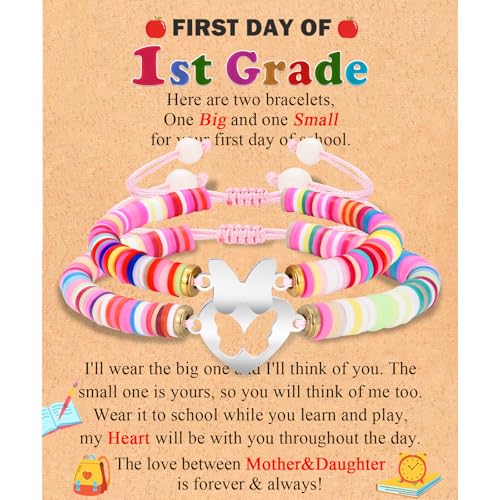 Image of Back to School /First Day of School Bracelet Gifts, First Day of Kindergarten Preschool First /Second Grade Bracelet Gifts, Set of 2 Colorful Matching Butterfly Bracelet for Mom and Daughter
