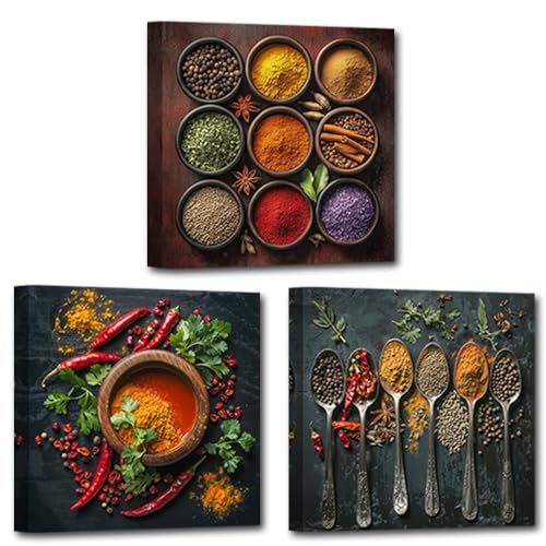 CCWACPP Kitchen Canvas Wall Art Spices Picture for Kitchen 3 Panels Colorful Spice in Spoon Print Vintage Food Paintings Dining Room Restaurant Decor Frame (12x12inchx3Pcs)