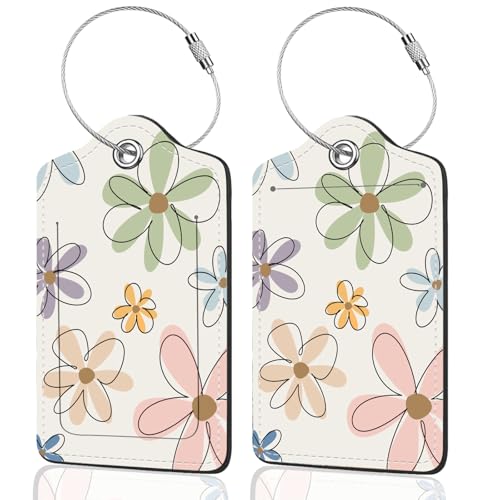 2Pack Luggage Tags for Suitcases Cute Unique Pu Leather Cruise Luggage Tag with Privacy Cover ID Label Address Card and Metal Ring Suitable for Women Men Kids Travel Bag Linear Flower