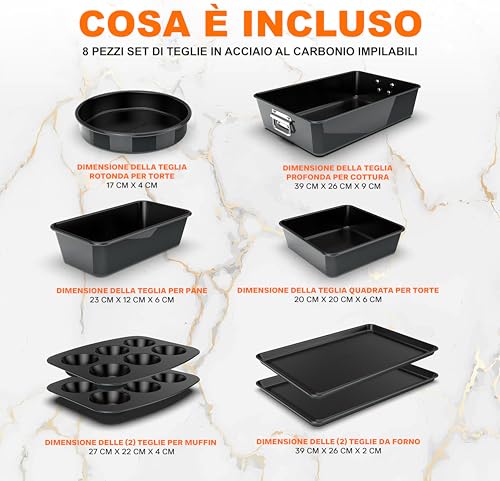 NutriChef Set Padelle Antiaderenti da 8 Pezzi, Teglie Rotonda per Torte, per Pane, per Muffin, Teglie Larghe e Quadrate, e Teglia per Biscotti, Nero - immagine 3