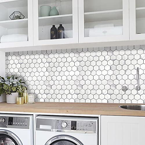 Stickgoo Peel And Stick Backsplash For Kitchen, Self-Adhesive Tile Hexagon Mosaic Tiles (1 Sheet, White Marble With Metal Silver ) #TOP3