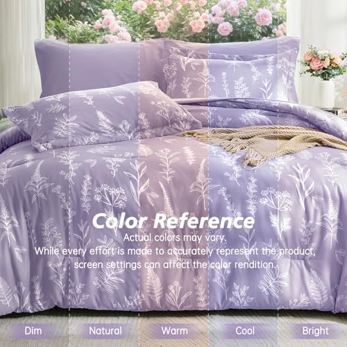 Image of MUXHOMO Lavender Cal King Comforter Set, Elegant Floral Print Bed in a Bag 7 Pieces, Ultra Soft & Breathable Reversible Botanical Pattern Bedding Set with Comforter, Sheets, Pillowcases, and Shams