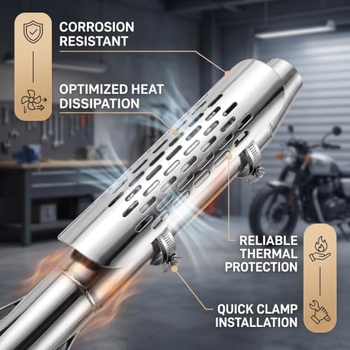 Image of Motorcycle Exhaust Heat Shield,Universal Motorcycle Heat Shield Exhaust Pipe Heat Shield Baffle Cover with Stainless Steel Clamps(Silver)