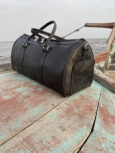 Leather Duffel Bag for Men – Luxury Leather Weekender, Carry-On Travel Bag, Overnight Gym Bag, Crocodile Embossed Pattern shoe cosmatics extra pocket bag (BLACK)3