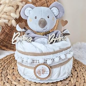 Windeltorte klein mit Kuscheltier Boho Vintage Stil | Geschenk zur Geburt | Made in Germany | mit Premium Windeln & schönem Zubehör | Baby Geschenk | Geschenke zur Geburt