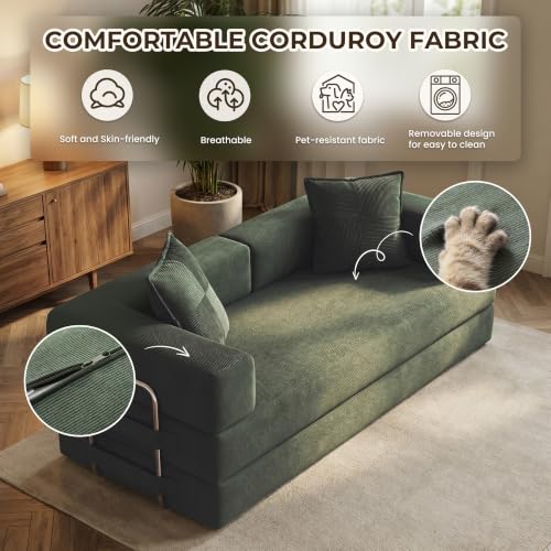 Image of GRUSIGN 78 Inch Convertible Sofa Bed, 5-in-1 Futon Sofa Bed Pull Out Couch, Boneless Couch Bed for Living Room, Corduroy Boneless Couches for Bedroom, Apartment, No Assembly Sleeper Sofa Bed, Green
