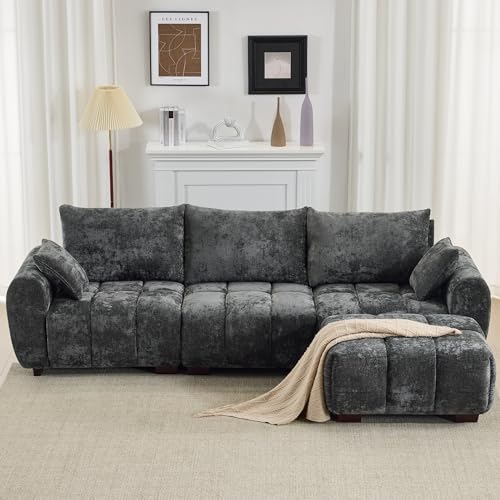 Image of 112 inch Mid Century Modern L Shaped Couch, 3 Seater Modular Sectional Sofa with Movable Ottoman, Deep Seat and Solid Wood Legs, Cloud Couch for Living Room, Chenille Tufted Sofa, Grey