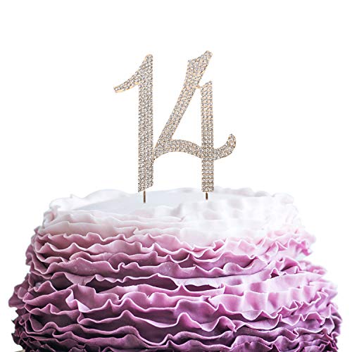 LINGPAR 14 Years Birthday Cake Topper - New Best Crystal Rhinestone 14th Wedding Anniversary Or 14 Years Old Cake Topper Party Decoration Gold
