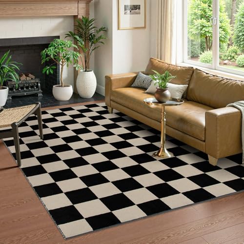 Image of Lahome Checkered 5x7 Rug, Boho Large Black Area Rugs for Living Room, Cotton Woven Checkerboard Carpet, Low Pile Washable Carpets for Bedroom Office Decor (Black/Khaki)