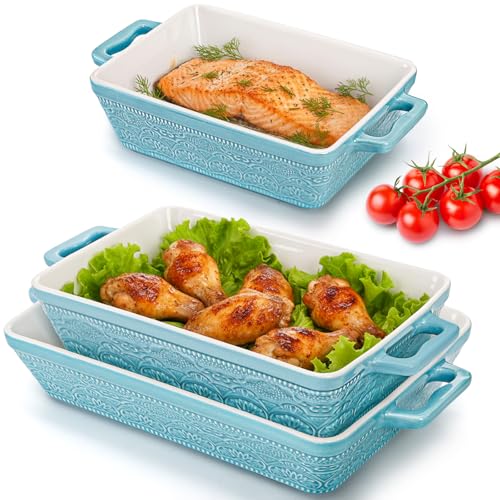 Hacaroa Set of 3 Ceramic Baking Dishes, Rectangular Bakeware with Handles, Elegant Casserole Dish...
