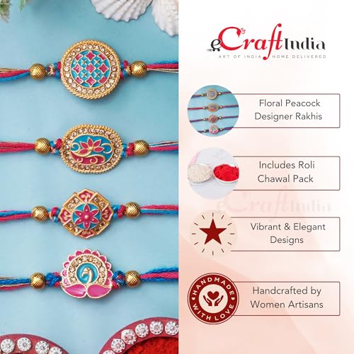Image of eCraftIndia Set of 4 Lord Ganesha Peacock Krishna & Kalash Designer Rakhis for Brother Bhaiya Bhai | Roli Chawal Pack
