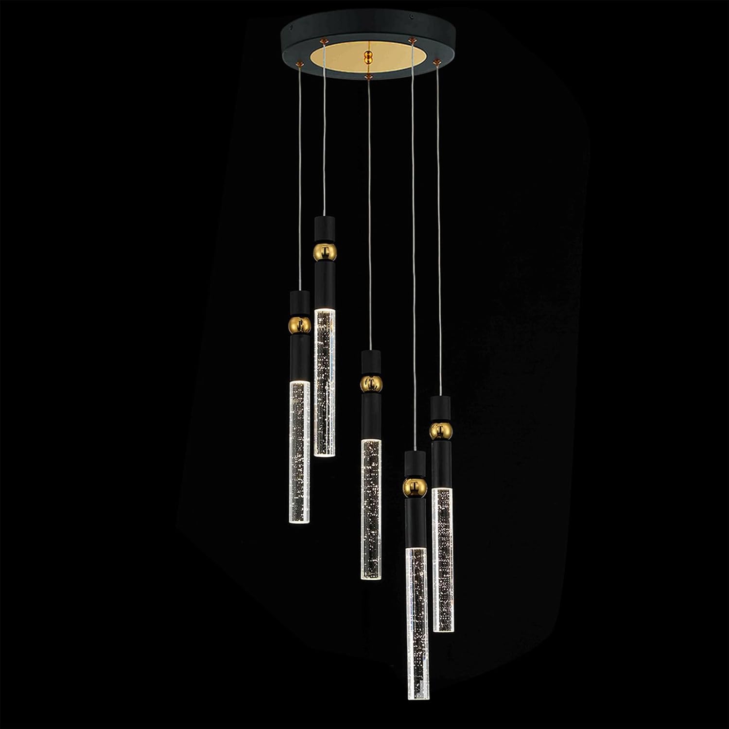 JoollySun 5-Light Cluster Pendant Lighting: Crystal Chandelier with Dimmable LED for Kitchen Island Dining Room - Black Gold