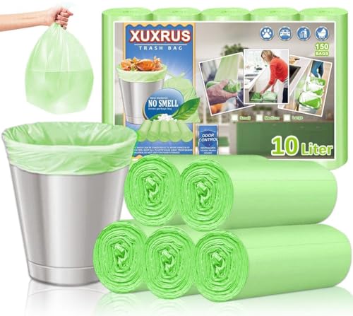 XUXRUS Bolsas de Basura 10 L Verdes – Bolsa Basura (45×50cm) 150 Unidades, Resistentes, Antifugas y Antidesgarro para Hogar y Oficina