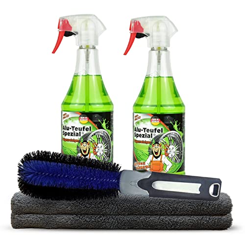 Shiny Freaks Felgenreinigungs Set: TUGA ALU-Teufel (2x1L) Felgen Reiniger für alle Stahl & Alufelgen + ChemicalWorkz Premium Mikrofasertuch 500GSM + K2 Felgenbürste | 5-teilig