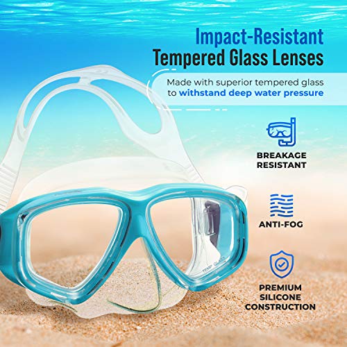 Prodive Premium Dry Top Snorkel Set For Adults - Tempered Glass Diving Mask, Anti-Fog Lens For Best Vision, Easy Adjustable Strap, Waterproof Snorkel Bag Included - Snorkeling Gear For Adults (Aqua) #TOP2
