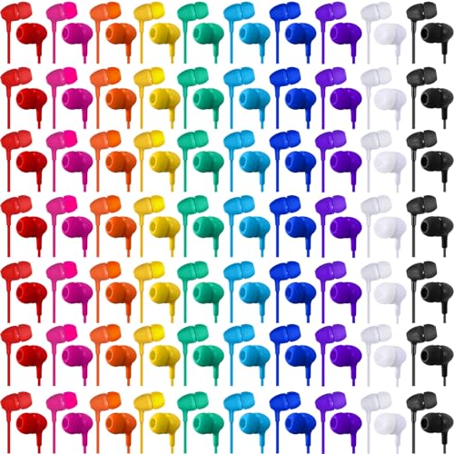 Image of Macarrie 200 Pack Earbuds Bulk Earphones 3.5 mm Classroom Headphones for Adult Assorted Colors Earbud Wired Earphone Without Mic for Adult Office Home Individually Bagged(Colorful)