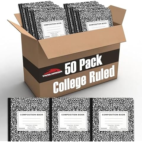 Trail maker 50 Pack Bulk Composition Notebook College Ruled, 200 Pages (100 Sheets), 9-3/4 x 7-1/2", Bulk School Supplies Hard Cover Marble Composition Books for School & Office Cover