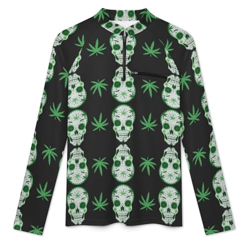 Green Skull and Marijuana Men's Rash Guard Long Sleeves Quick Dry Fishing Workout Shirts with Zipper3