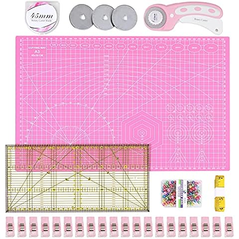 INTLMATE A3 Cutting Mat Set Fabric Cutter Tool Kit Including 17inches self-Healing Cutting mat,45mm Rotary Cutter with 3 Replacement Blades,Acrylic Quilting Ruler,Patchwork Ruler,20 Clips,100 pins Cover