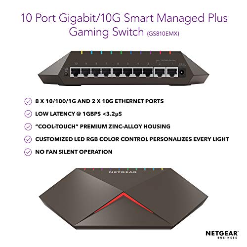 Image of NETGEAR Nighthawk Pro Gaming 10 port Gigabit Switch | Control Ping & Latency | Gaming Dashboard | 8 port 1GbE, 2 port 10G /Multi-Gig Uplinks GS810EMX