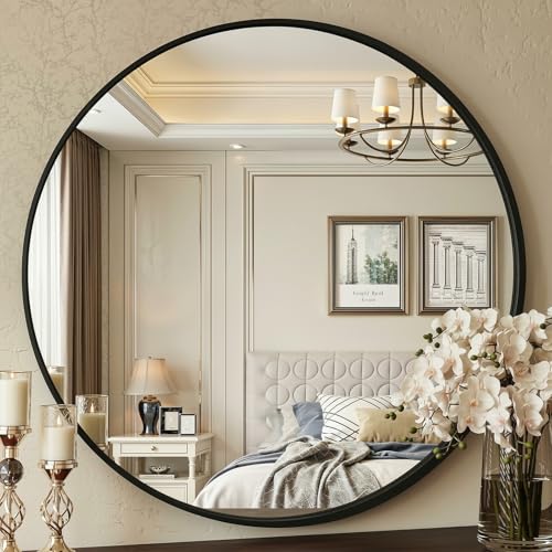 Clevich Round Wall Mirror 90cm, Black Framed Circle Mirror with Tempered Safety Glass, large Decorative Hanging Vanity Mirror for Wall, Hallway, Bathroom, Living Room & Bedroom Decor