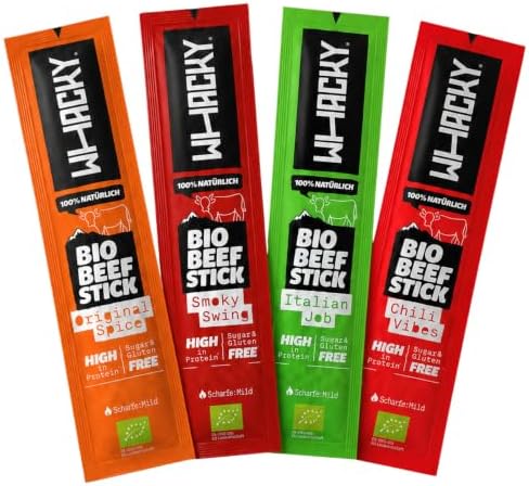 Whacky Bio Beef Sticks – 8er-Mixpack – 10g Protein-Snack – 4 Sorten | Der BIO Fleisch-Snack in den Sorten: Original Spice, Italian Job, Chili Vibes, Smoky Swing - Alle Ohne Nitritp
