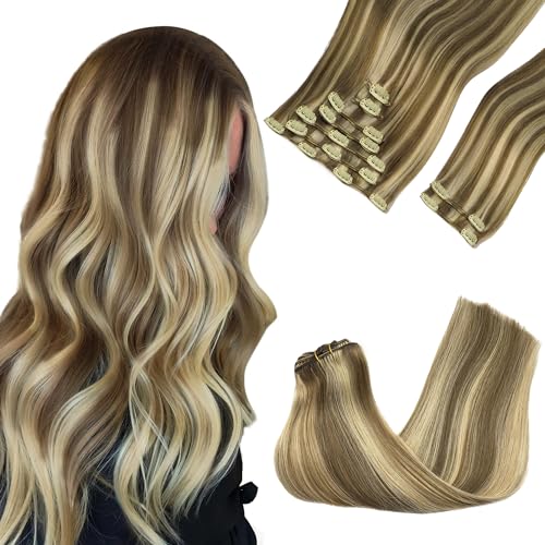 Image of GOO GOO Clip in Hair Extensions Real Human Hair, Remy Human Hair Extensions Clip ins for Women, Natural Human Hair, 16inch 150g 9Pcs, 8A /22 Medium Brown Highlighted Golden Blonde