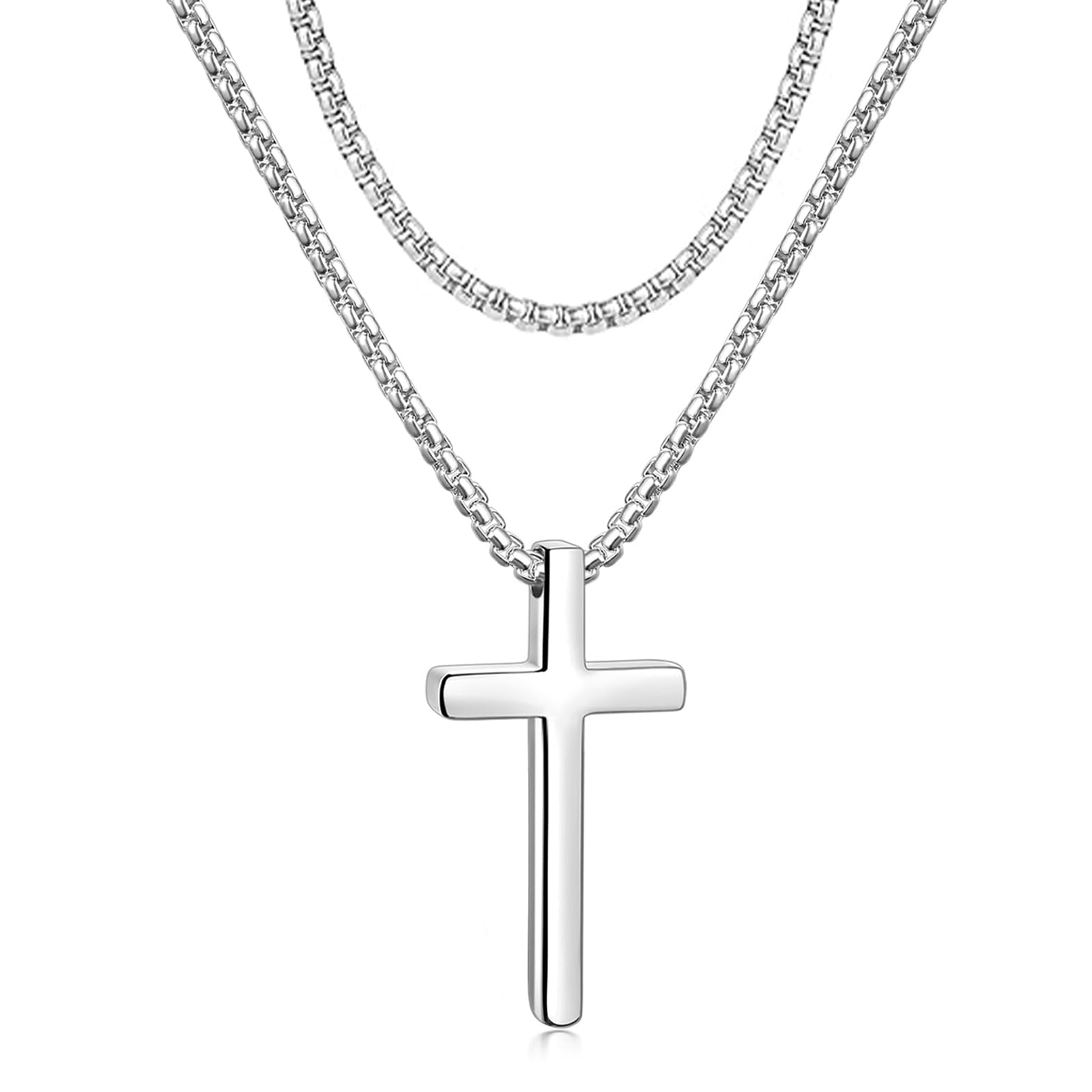 Moguri Collar de cruz para hombre, 60 cm, colgante de acero inoxidable, cruces plateadas, cadena de joyería, caja de regalo para niños, incluye 1 cadena de repuesto de 45 cm de largo, L, Acero