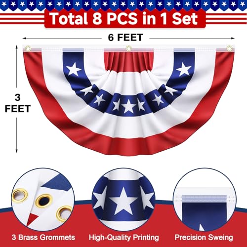 Image of 8 Pack 3x6 Ft American Pleated Fan Flags, USA Patriotic Half Fan Bunting Banners for Outdoor Porch, 250th Anniversary, Memorial Day, Independence Day, 4th of July Decorations