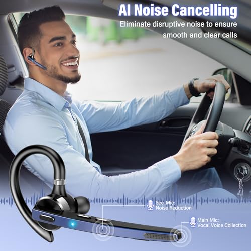 Image of 2026 Bluetooth Headset, Wireless Bluetooth 5.3 Earpiece, 90Hrs Single-Ear Headset with APTX HD Audio & Mute Button, Dual Noise Cancelling Mics, Hands Free Headphone for Trucker, Business, Gym, Blue
