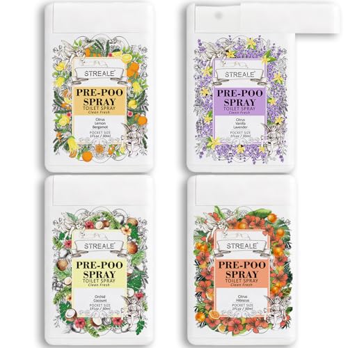 Image of Travel Size Toilet Spray 4-Pack, Travel Essentials Toiletries, Pocket Size Pre-Poo Spray, Bathroom Odor Deodorizer, Up to 240 Uses, 4 Refreshing Scents
