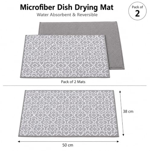 Image of Cutting EDGE Microfiber Dish Drying Mat - Water Absorbent & Reversible for Kitchen Utensils, Counter Top, Sink (Pack of 2, Grey Color, Combo)