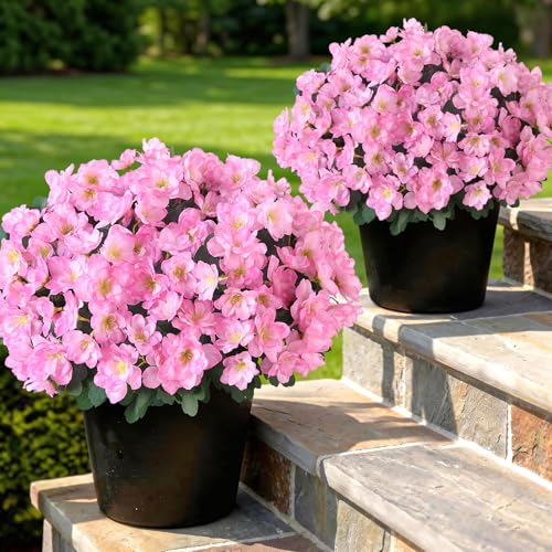 Yxzzwl Set Of 2 Artificial Azalea Flower Topiary Trees - Fake Silk Flower Potted Plants, Sun-Resistant Faux Outdoor Azalea Bushes For Front Door, Garden, Yard, Farmhouse Decor (Pink)