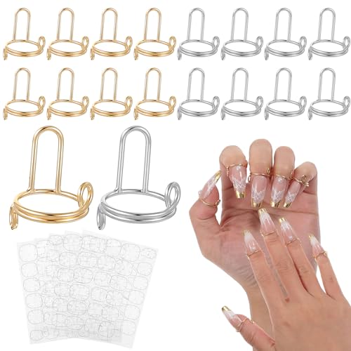 20 Pcs Nail Rings Set With 120 Adhesive Tabs - Nail Ring No Glue - Gold And Silver Metal Fingernail Rings For Press On Nails And Nails Art Decoration
