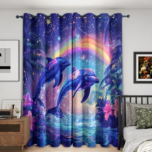 zcwl Rideau Occultant Dauphin - Rideaux Thermiques à Oeillets - Rideau Imprimé Motif Animal Marin Fantastique pour Salon Chambre Fenetre - Lot de 2 Rideaux...