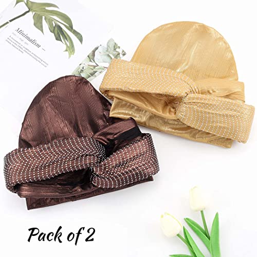 Yeilhile Pre-Tied Turban Gold Rhinestone Headwrap Round Bonnet Beanie Cap Headbands For Women (Pack Of 2) #TOP3