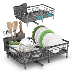 SONGMICS Abtropfgestell Geschirr, für kleine Räume, Geschirr-Abtropfständer ausziehbar, 360° drehbarer und ausziehbarer Ablauf, Stahl, (30, 2-46, 5) x 29, 6 x 14 cm, anthrazitgrau KCS556GT01