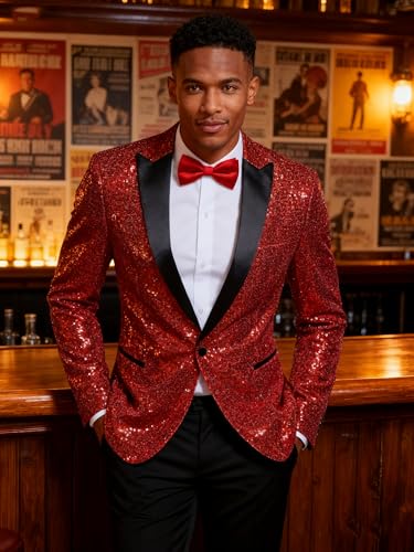 Image of Barry.Wang Mens Sequins Blazer Sparkle Dress Suit Jacket Cocktails Shiny Metallic Disco Dance Party Tuxedo Homecoming