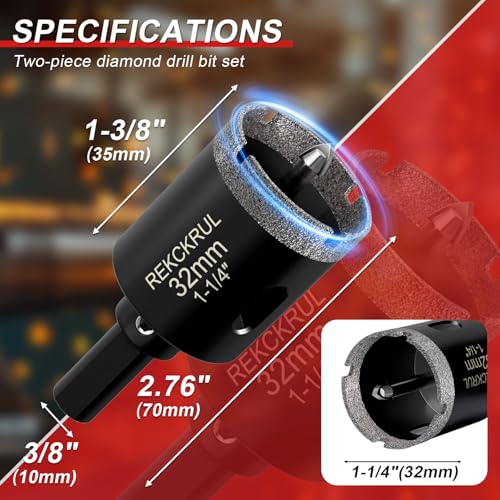 Image of 1-1 /4 Inch Diamond Hole Saw with Pilot Drill Bit 2PCS | Premium Tile Hole Saws Porcelain, Ceramic, Granite, Marble, Glass , 1-3 /8 inch Cutting Depth, Serrated Edge Wet /Dry Use (32mm)