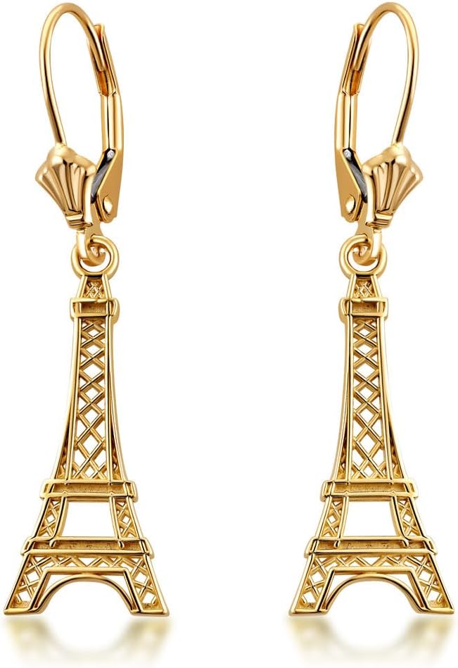 10K and 14K Yellow Gold Paris Eiffel Tower Leverback Earrings
