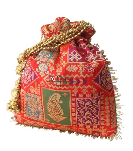 Image of MILAN'S CREATION Potli Banarasi Silk Brocade Bag Purse Drawstring Women's handbag with Pearl Handle & Tassel Weddings