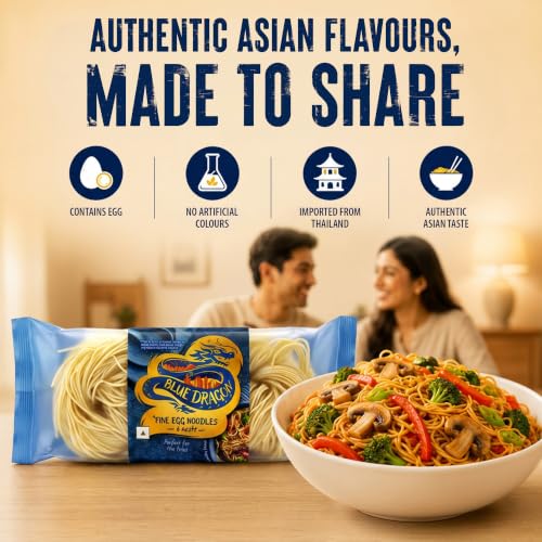 Image of Blue Dragon Egg Noodles Variety Bundle (Fine & Medium), 600g (Pack of 2) Includes 12 Portioned Nests, Authentic Asian Stir Fry & Chow Mein Noodles, Imported from Thailand