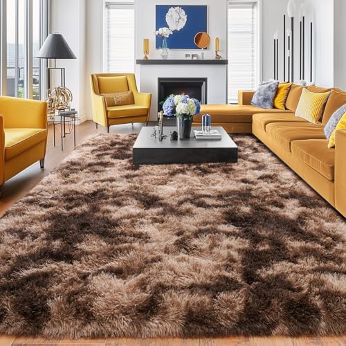 Rugs for Living Room 9x12, Soft Shaggy Modern Shag Area Rug for Bedroom, Upgrade Non-Slip Plush Fluffy Carpet for Kids Boys Girls Room Home Decor Aesthetic, Tie-Dyed Brown